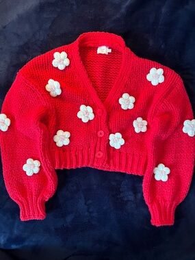Red Cropped Knit Cardigan with White Daisy Appliqués
